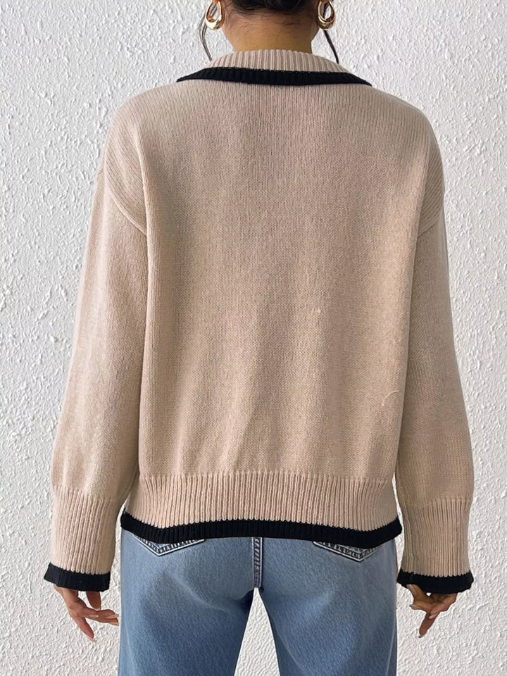 Contrast trim polo collar knit pullover sweater