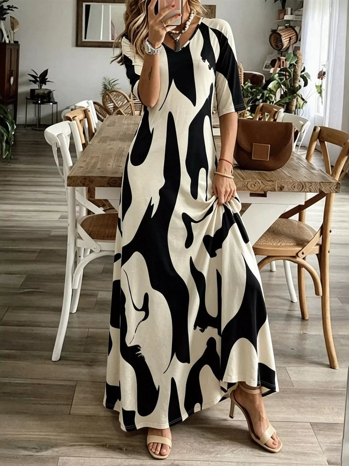 White Abstract print V-neck short sleeve maxi dress