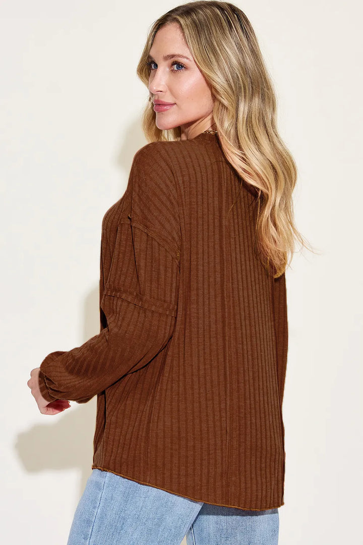 Ribbed round neck long sleeve top with exposed seams
