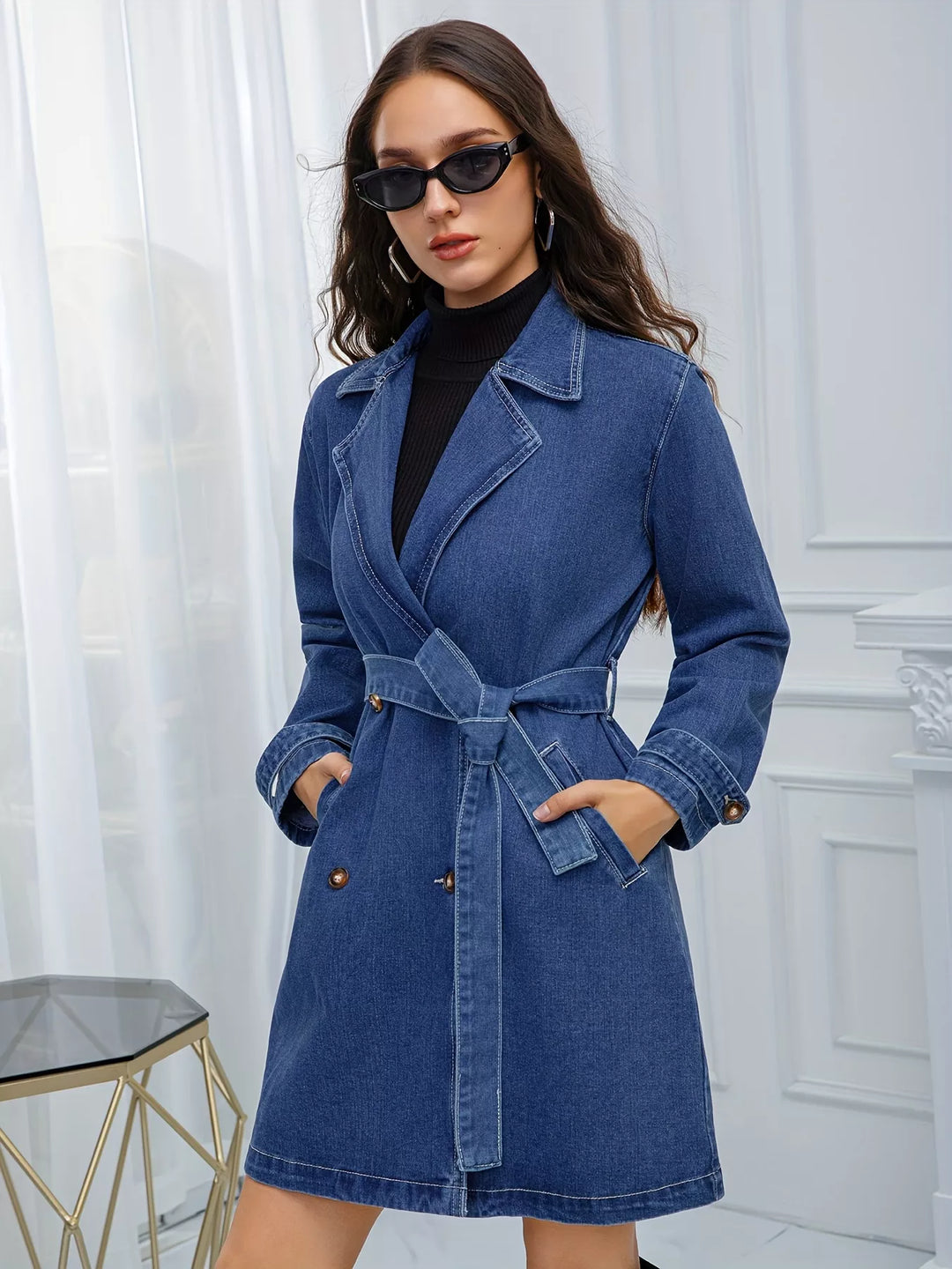 Blue Belted double-breasted longline denim jacket