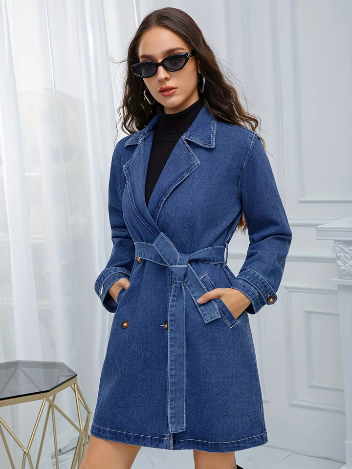 Blue Belted double-breasted longline denim jacket