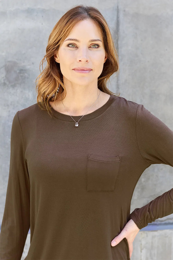 Long sleeve round neck tunic top with chest pocket
