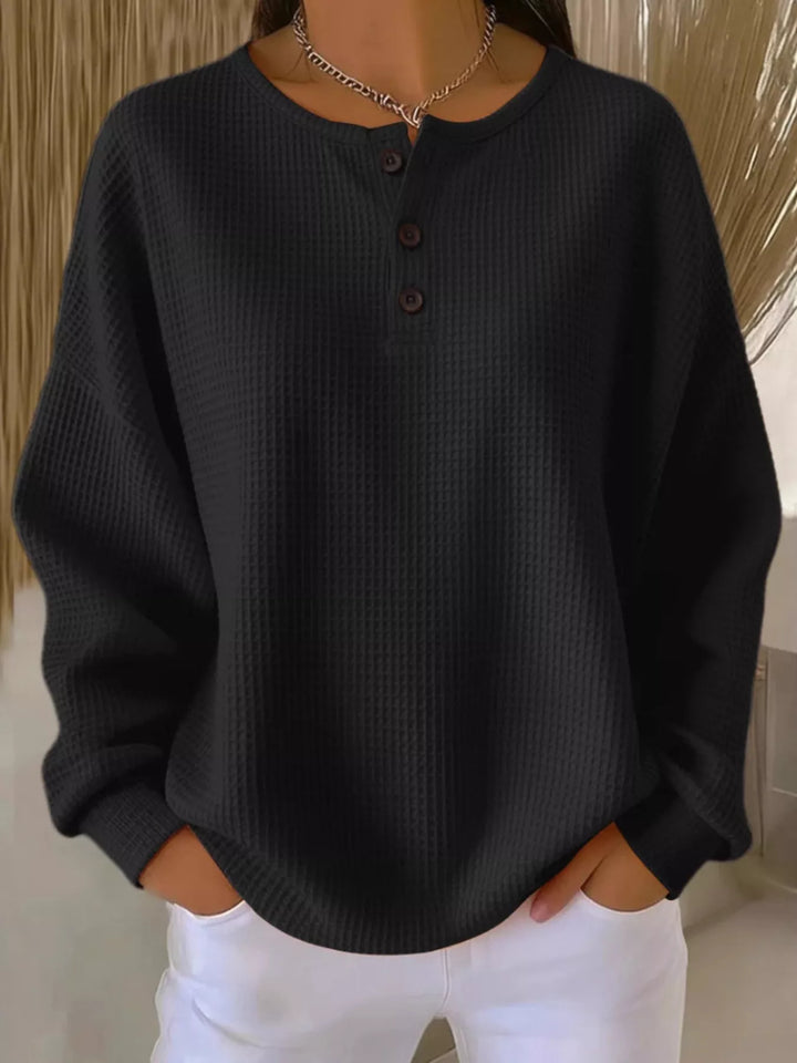 Waffle knit long sleeve henley top with button placket