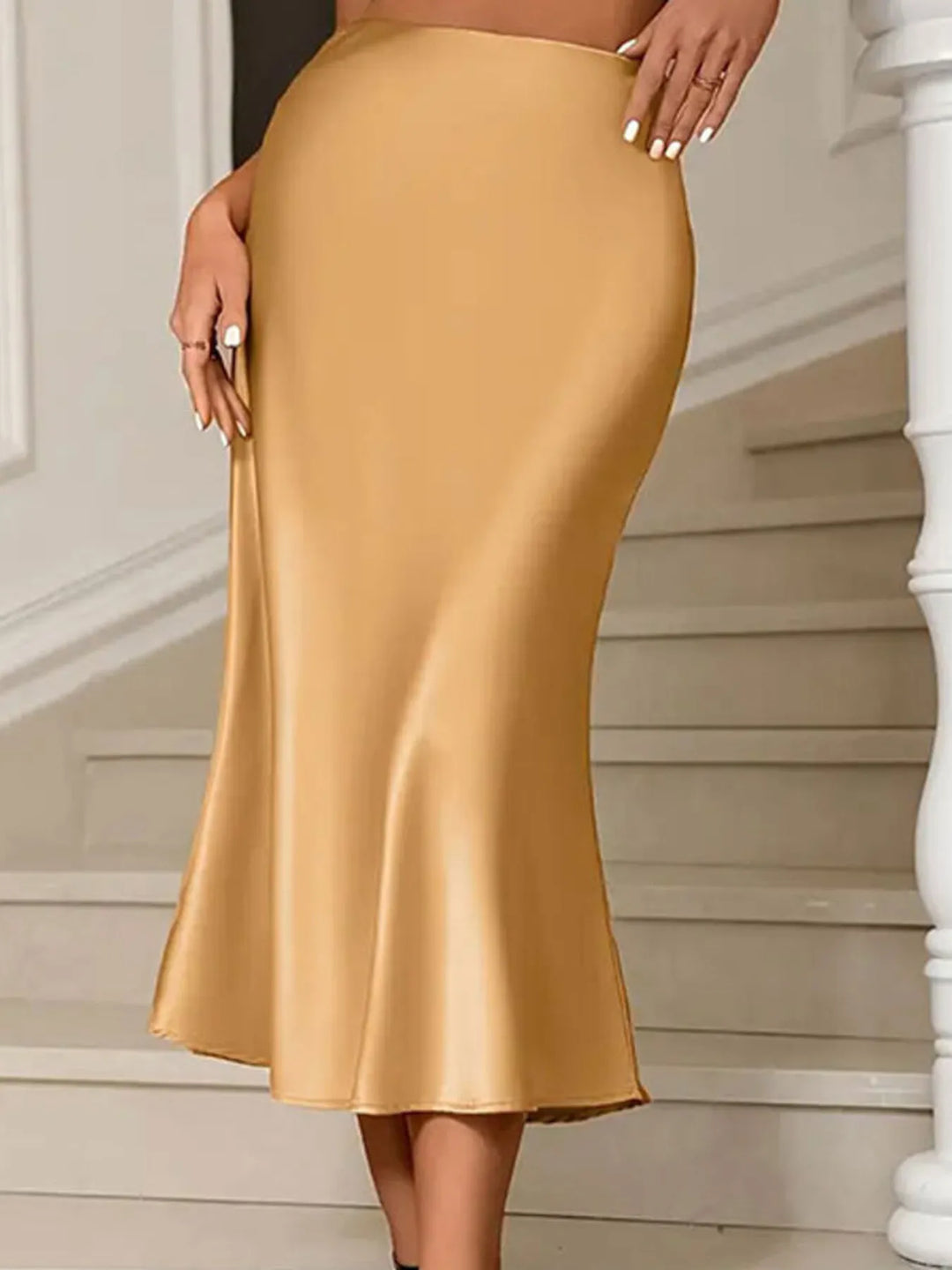High-waist satin midi skirt with mermaid flare
