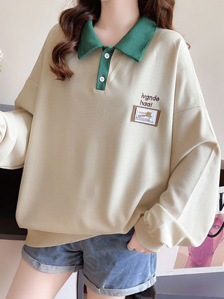 Apricot Contrast collar waffle-knit polo sweatshirt with drop shoulders