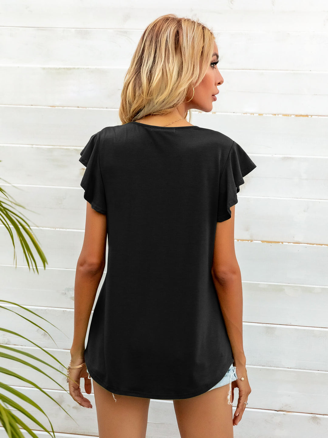 Ruffled butterfly cap sleeve round neck top
