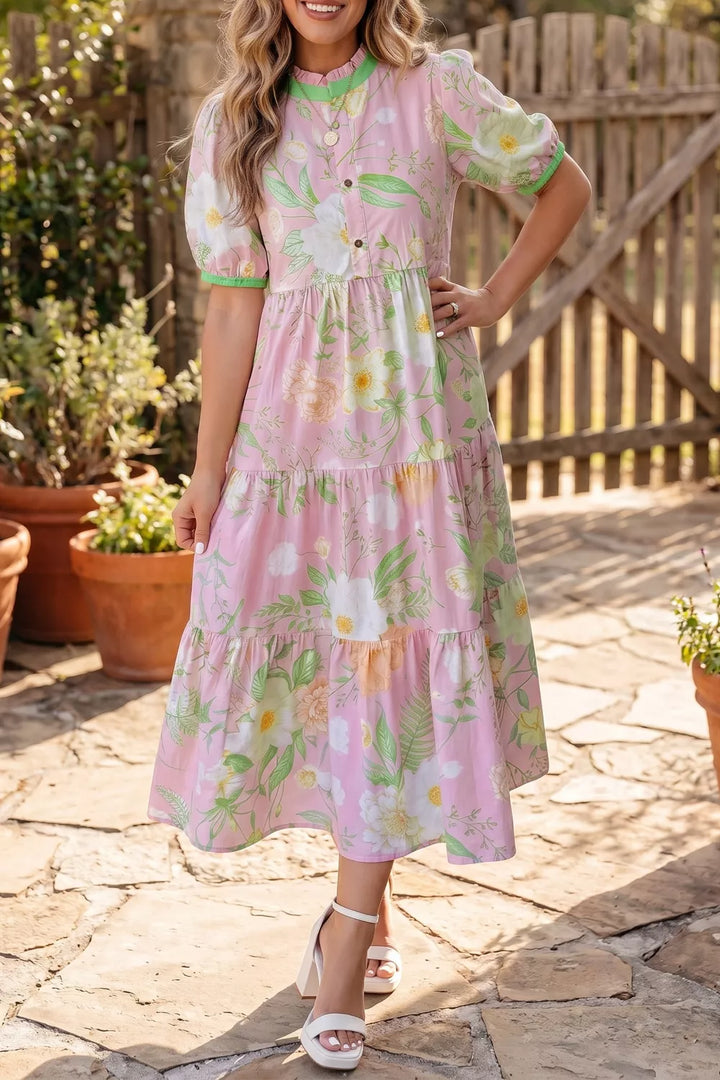 Dusty Pink Tiered floral maxi dress with puff sleeves and pockets