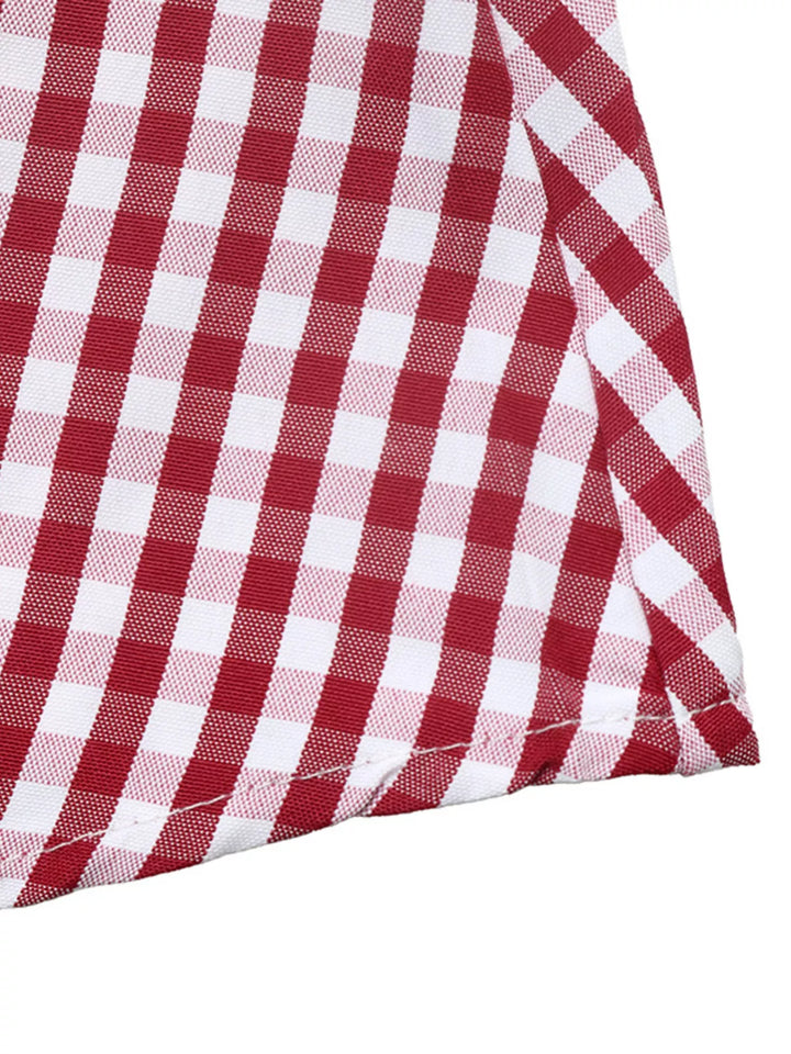 Backless gingham mini dress with bow tie and puff sleeves