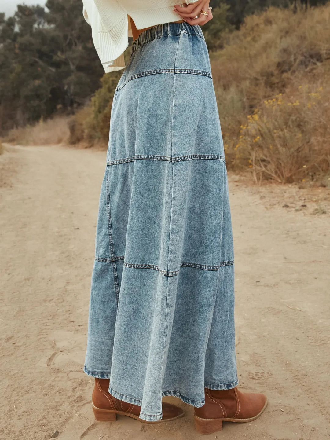Tiered button-front washed denim maxi skirt