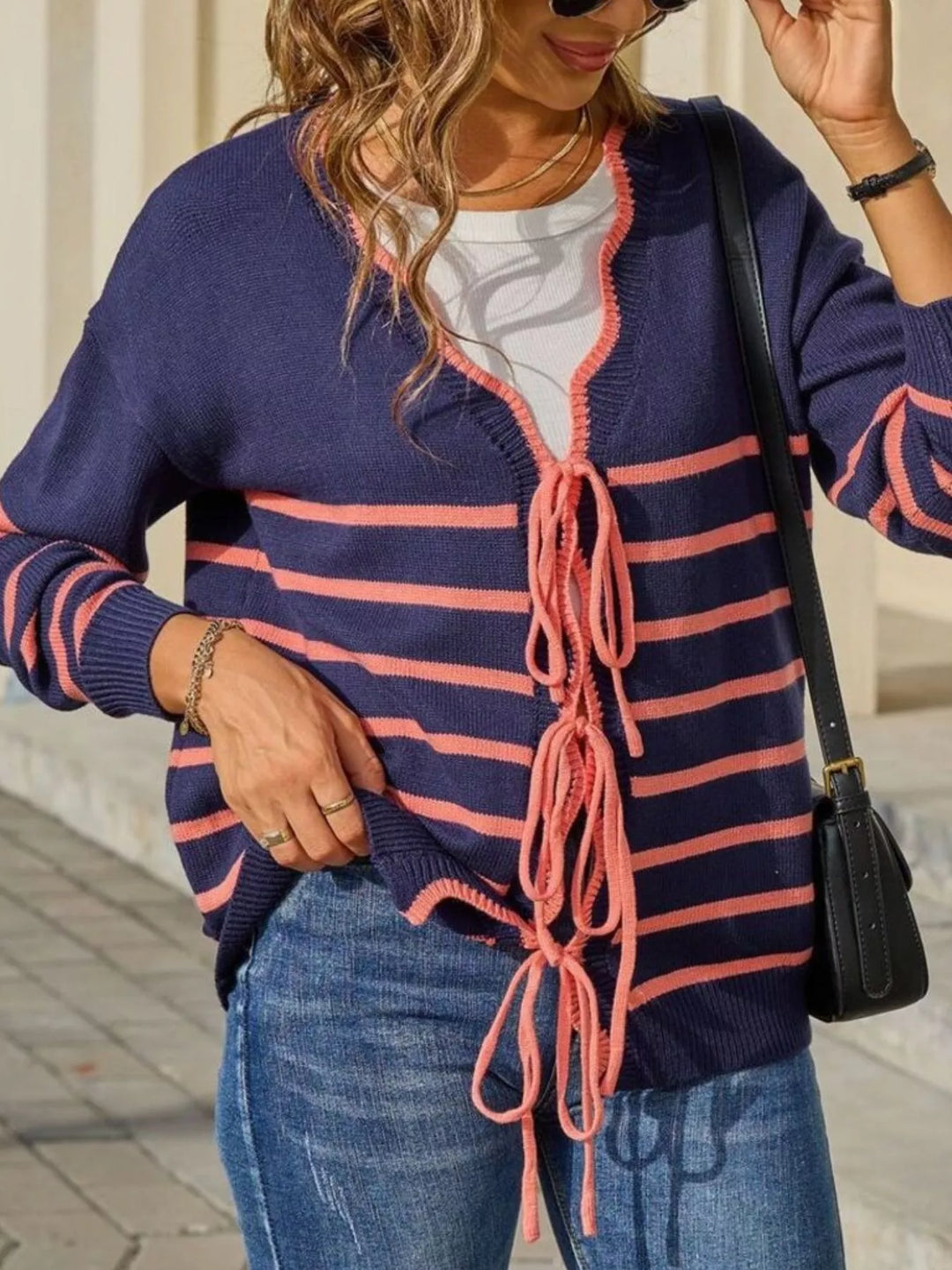 Striped tie-front knit cardigan with contrast trim