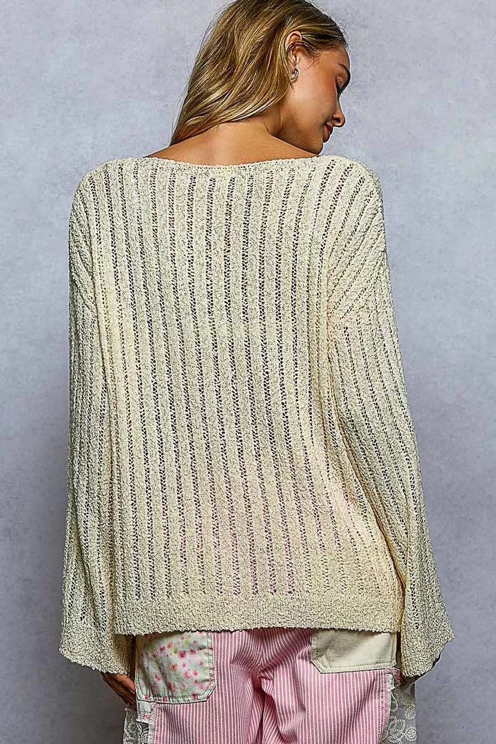 Open-weave pointelle knit sweater with wide neckline