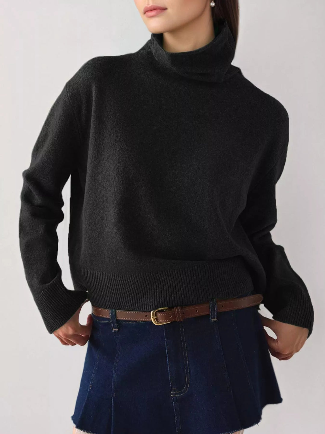 Black Turtleneck drop shoulder sweater with ribbed hem