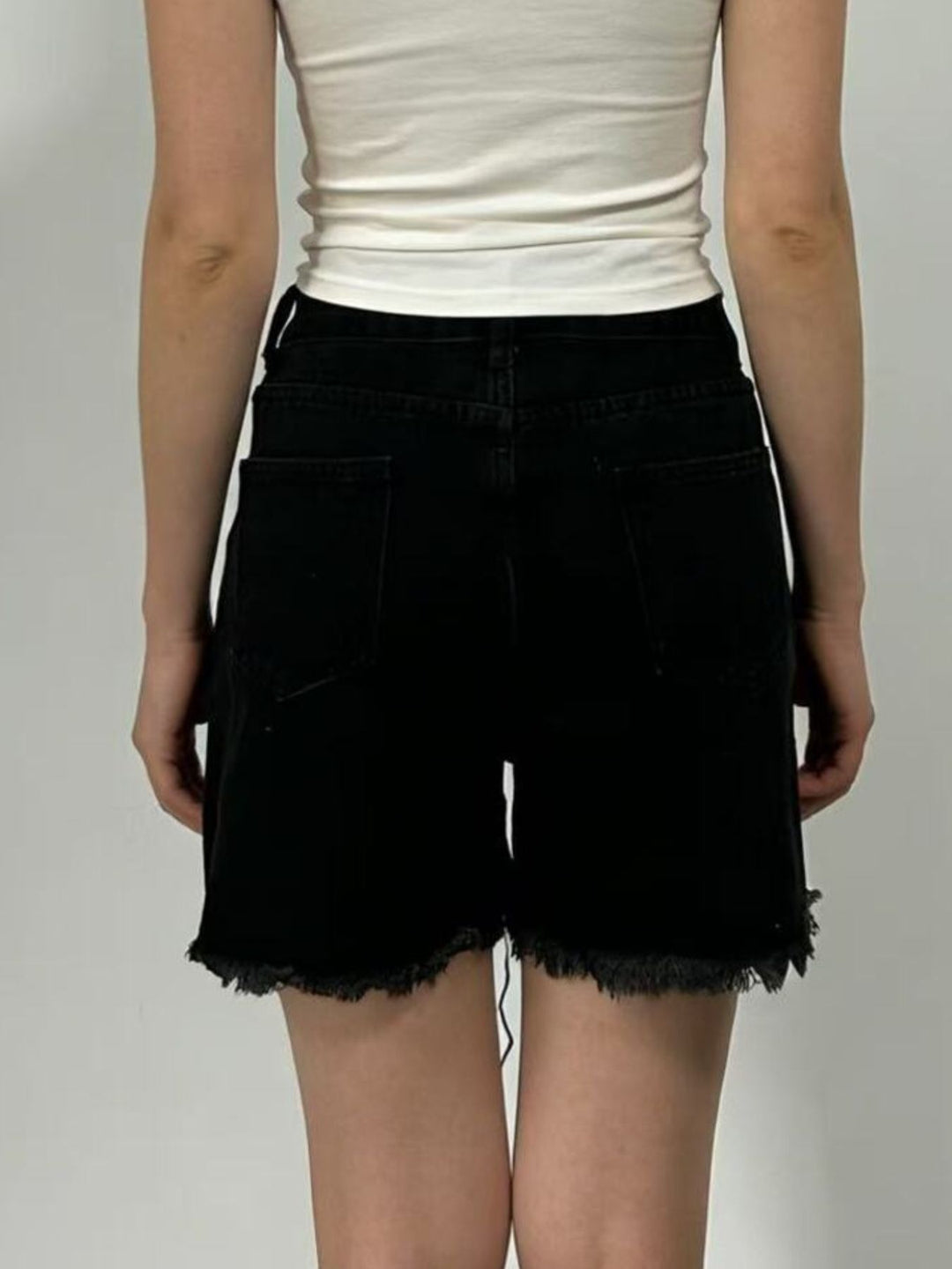Rhinestone fringe high-rise raw hem denim shorts