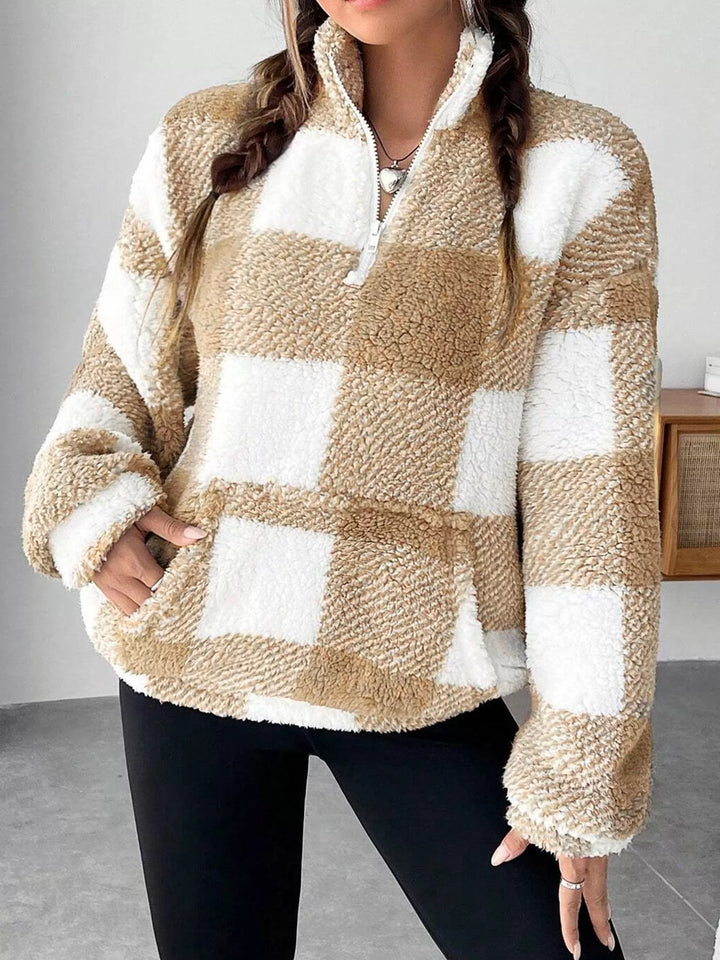 Beige Plaid sherpa quarter-zip pullover with front pocket