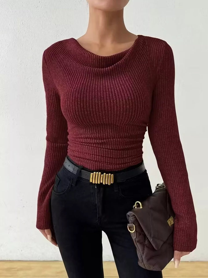 Ruched cowl neck ribbed knit long sleeve top