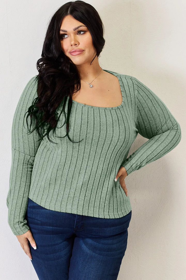 Ribbed scoop neck long sleeve fitted top