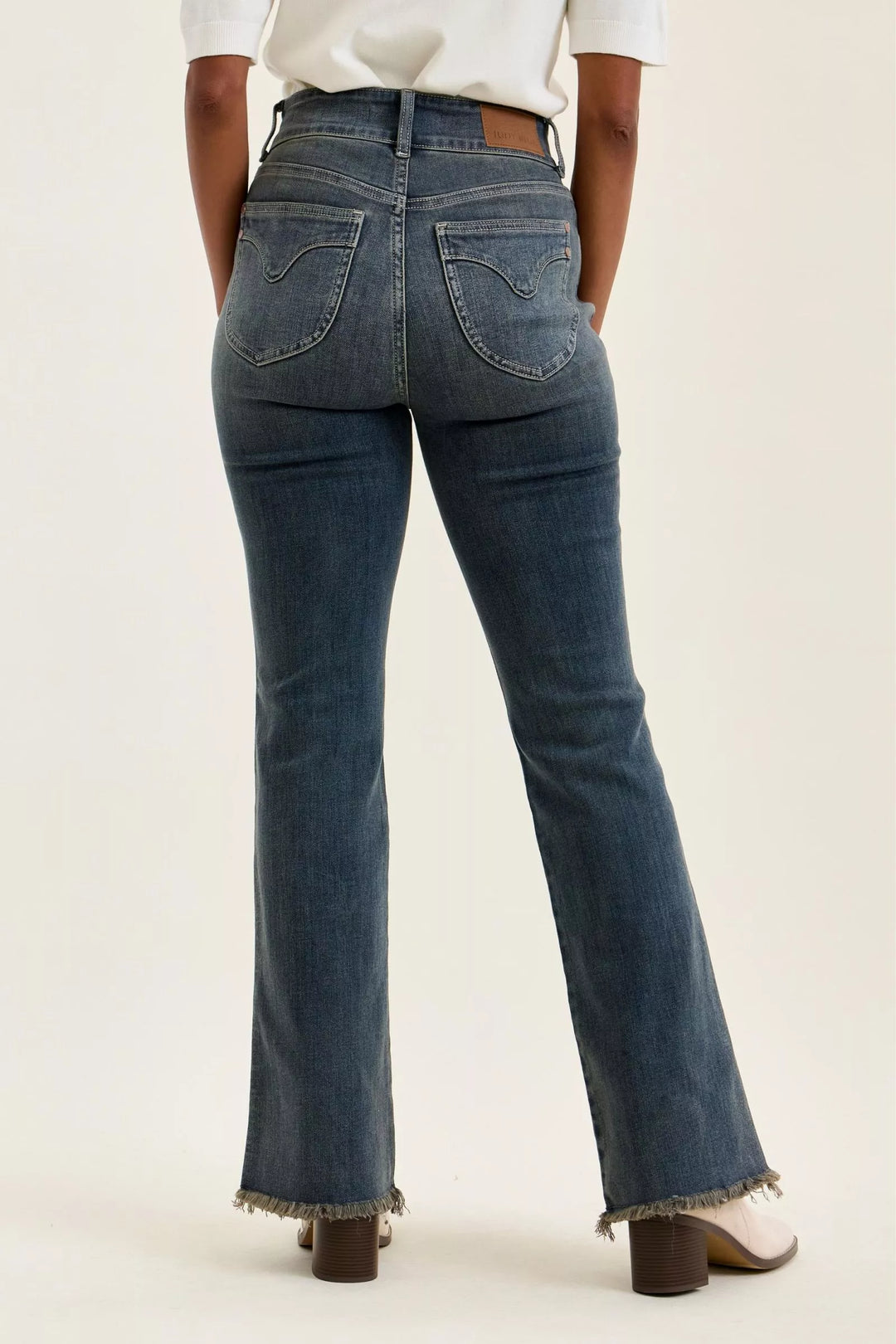 High-rise double-button frayed hem flare jeans