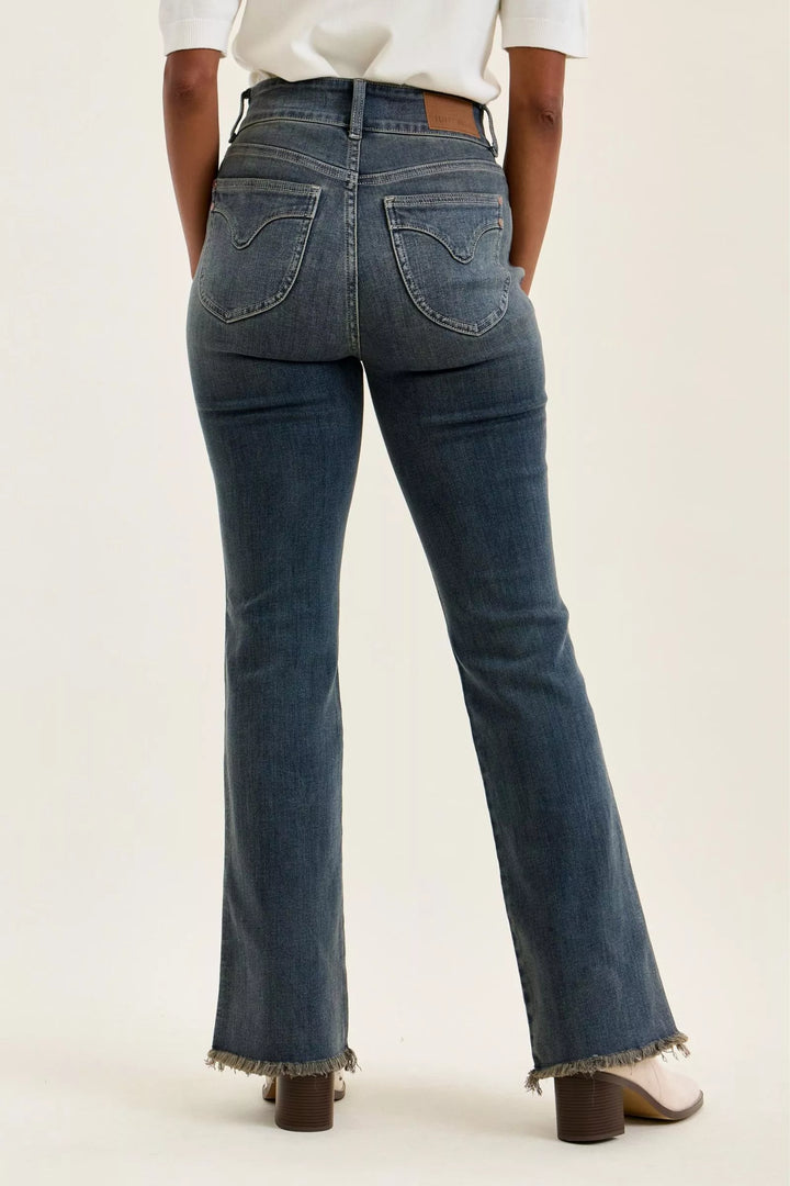 High-rise double-button frayed hem flare jeans