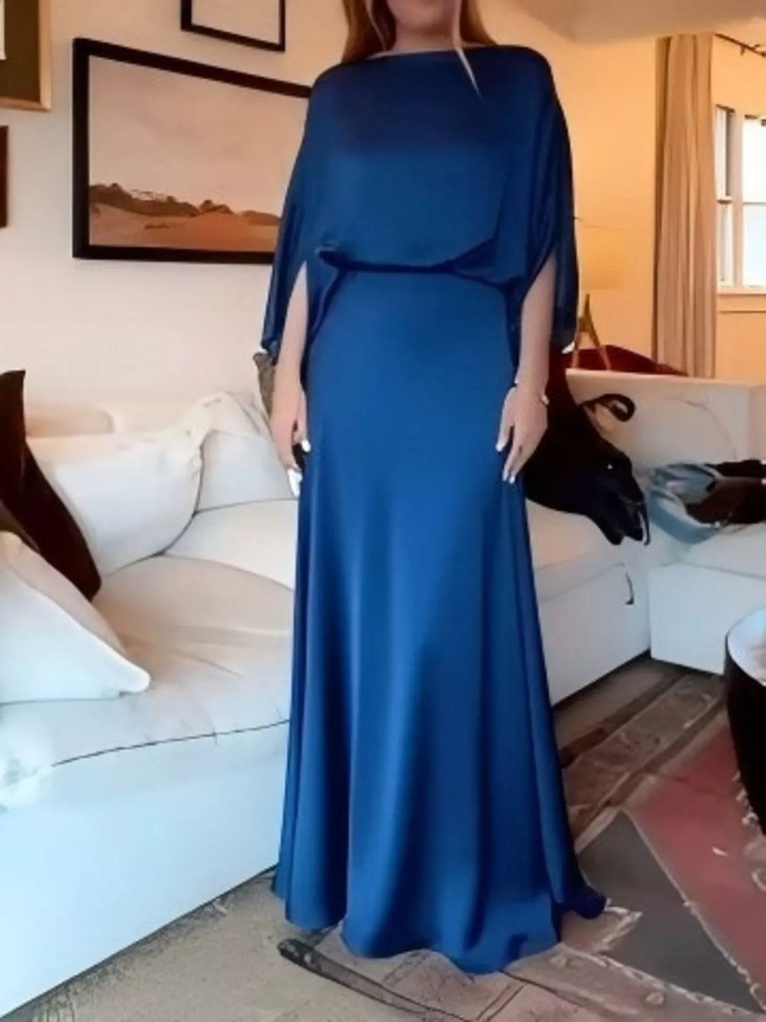 Blue Satin batwing sleeve maxi dress with ruched bodice