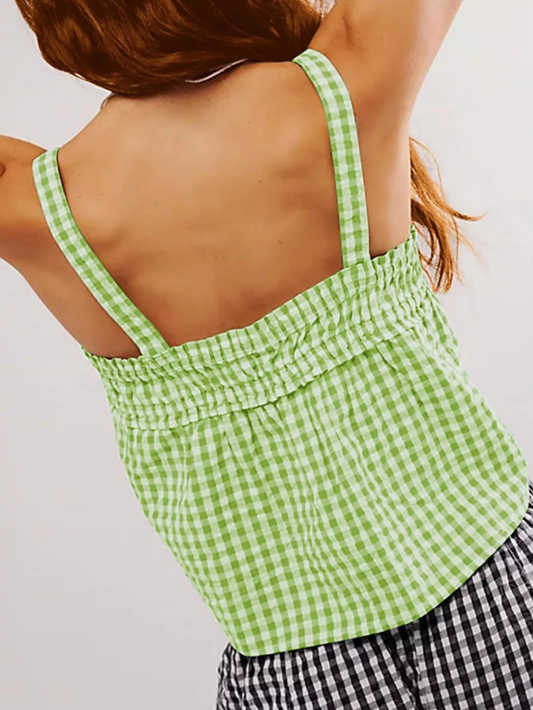 Smocked gingham tie-front cami with adjustable straps