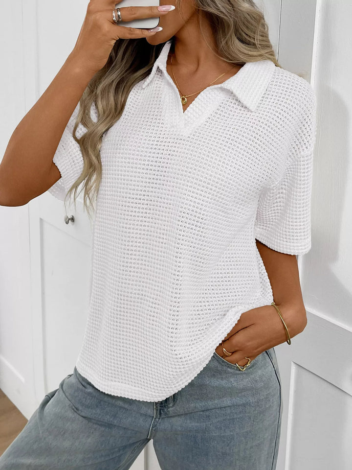 Striped waffle-knit collared short sleeve top