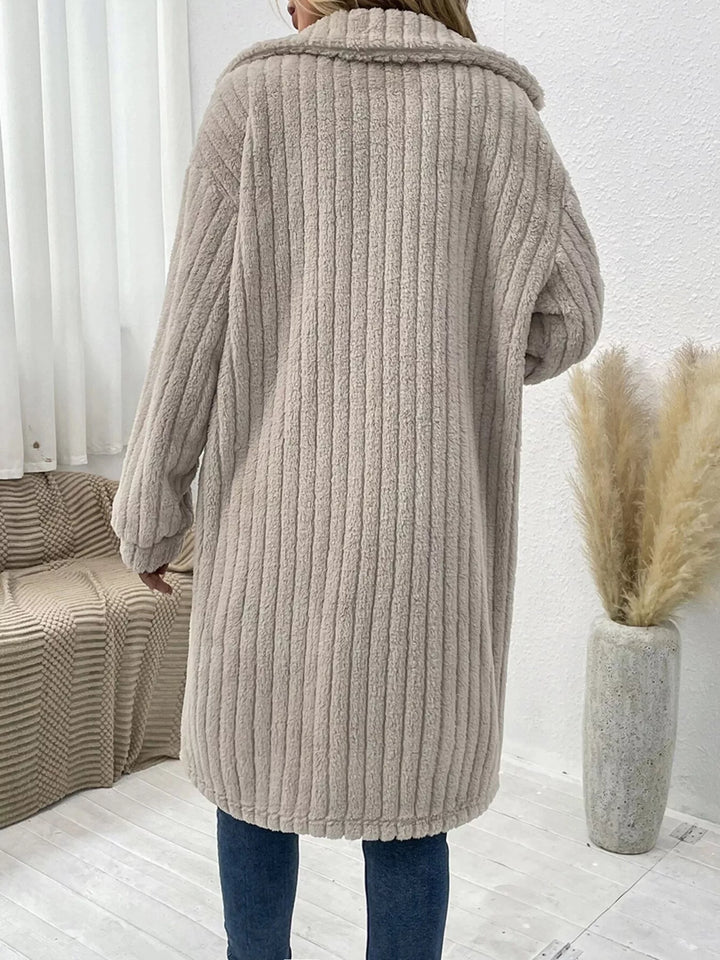 Dark Gray Ribbed fleece longline button-down coat with flap pockets