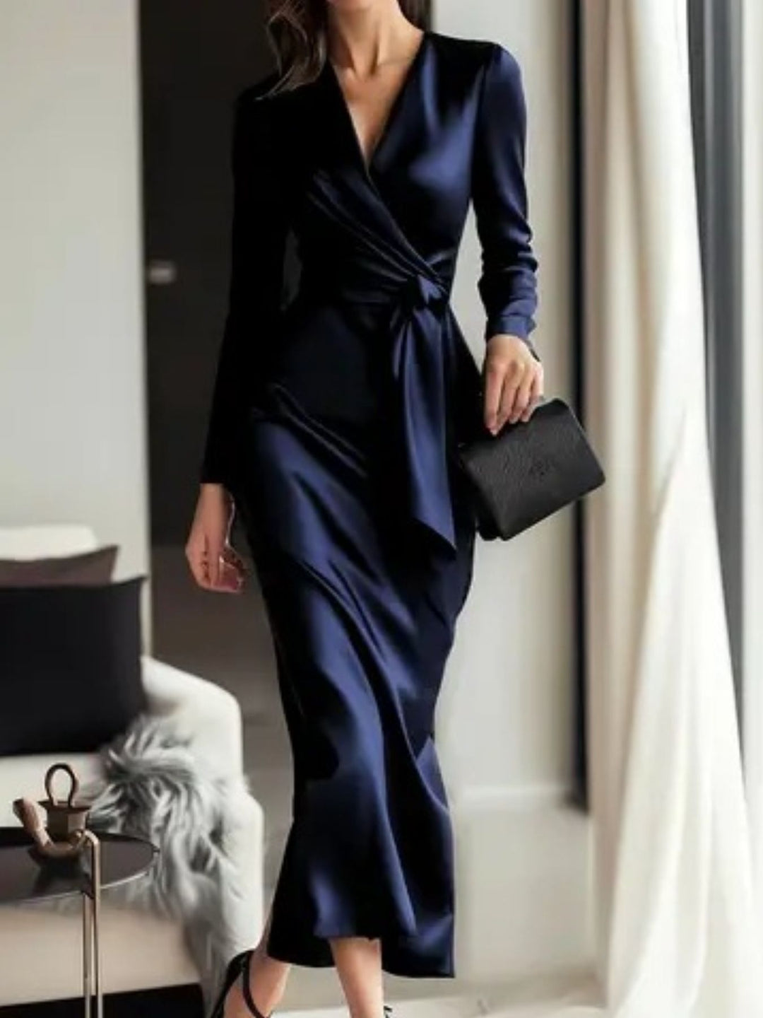 Dark Blue Ruched satin maxi dress with tie waist and long sleeves
