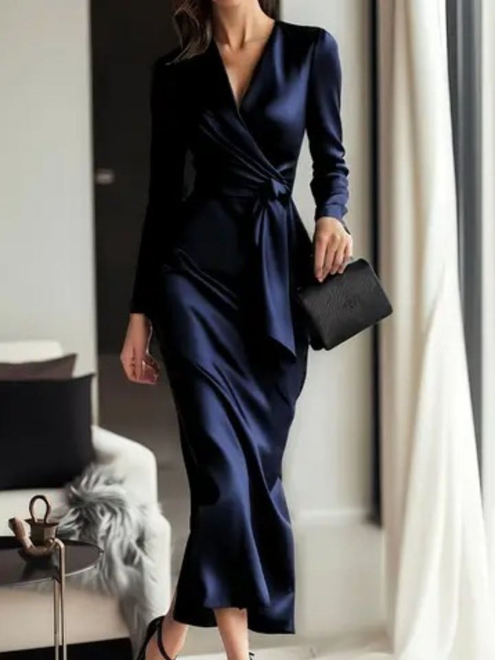 Dark Blue Ruched satin maxi dress with tie waist and long sleeves