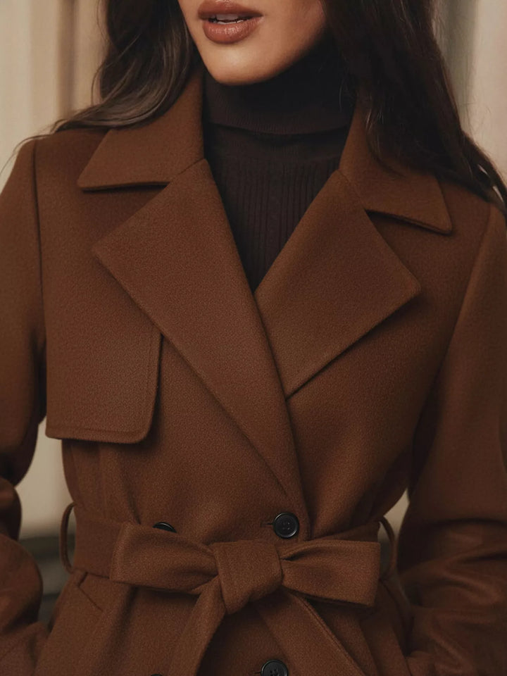 Double-breasted belted longline coat with notch lapel