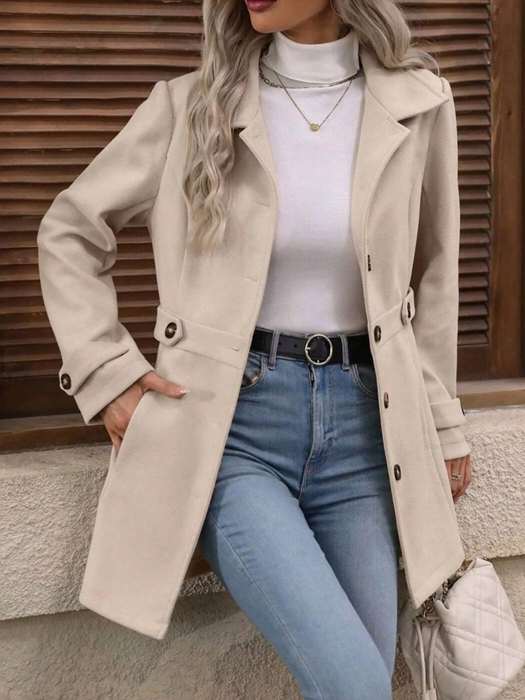 Notched lapel button-up coat with waist tabs