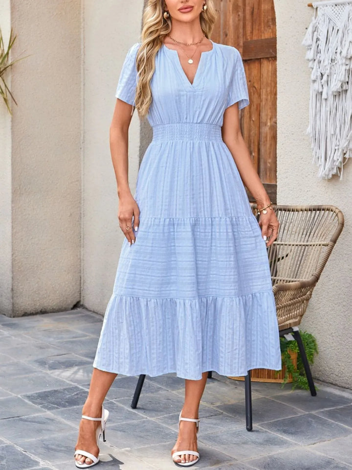 Tiered notched neck short sleeve midi dress with pockets