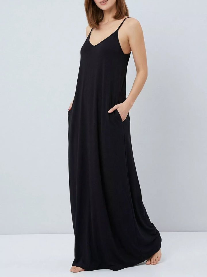 Black Spaghetti strap V-neck jersey maxi dress with pockets