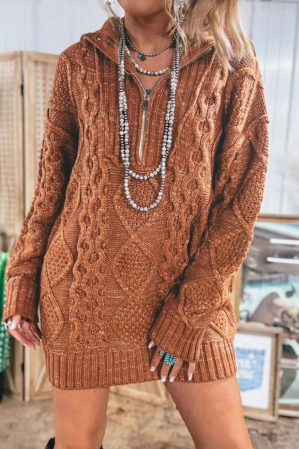 Cable knit quarter-zip mini sweater dress with drop shoulders