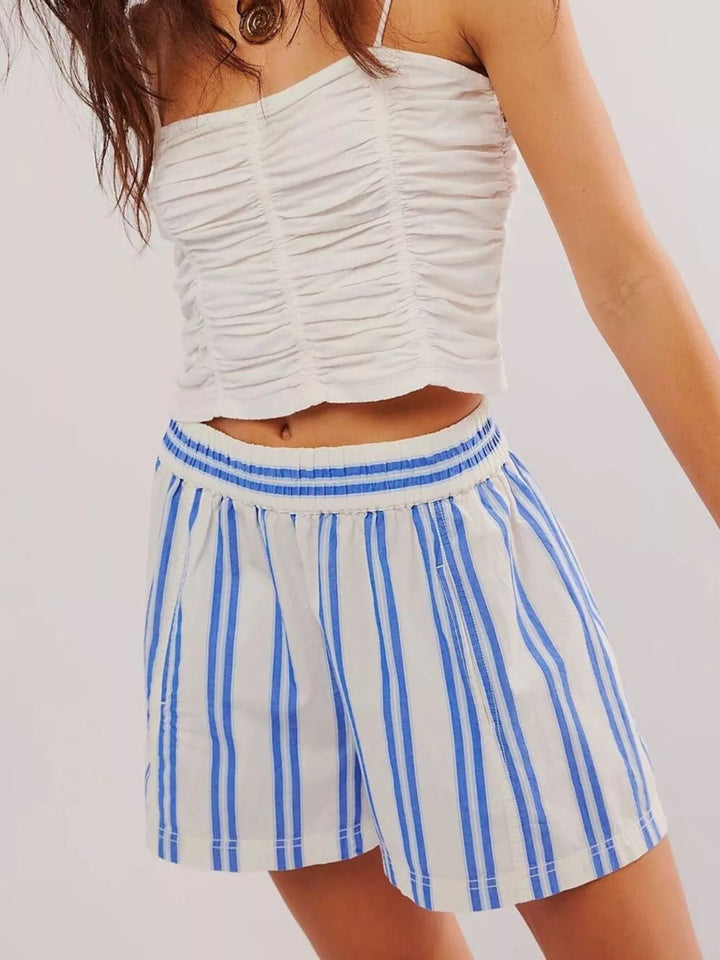 Light Blue Striped elastic-waist pull-on shorts with side pockets