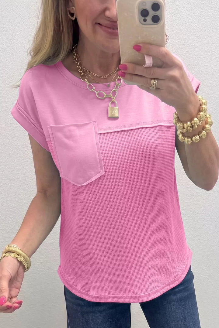 Pink Waffle knit patchwork raw seam pocket tee