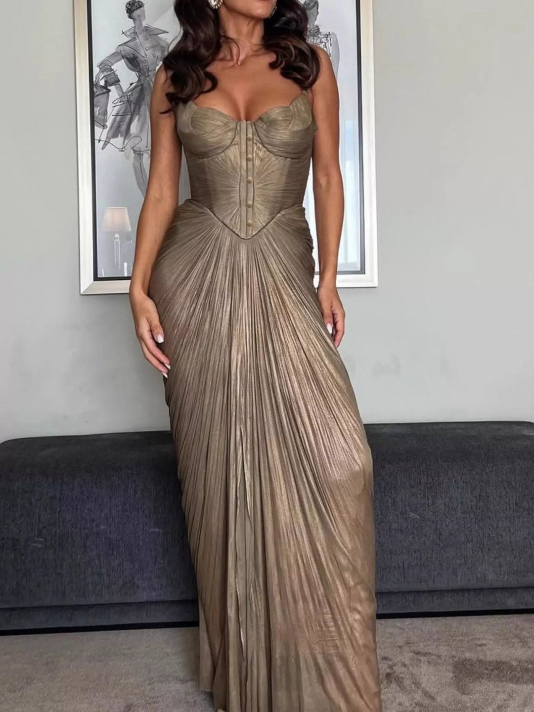 Metallic pleated corset maxi dress with lace-up back