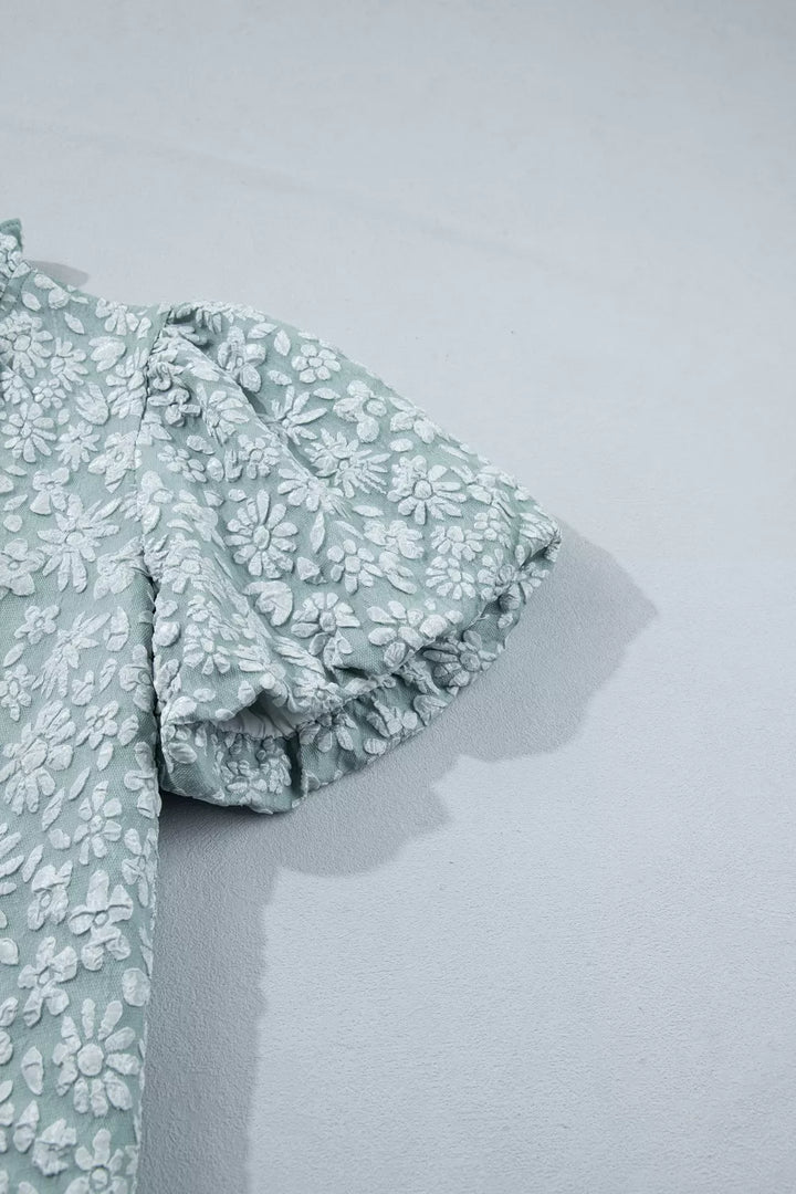 Floral jacquard puff sleeve blouse with split neck