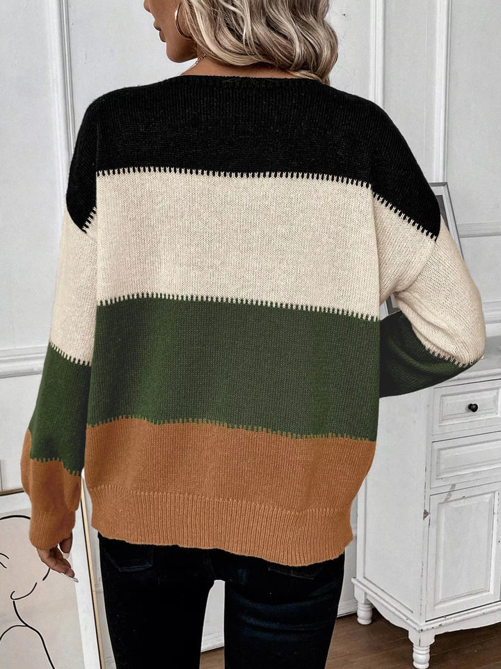 Color block round neck knit pullover sweater