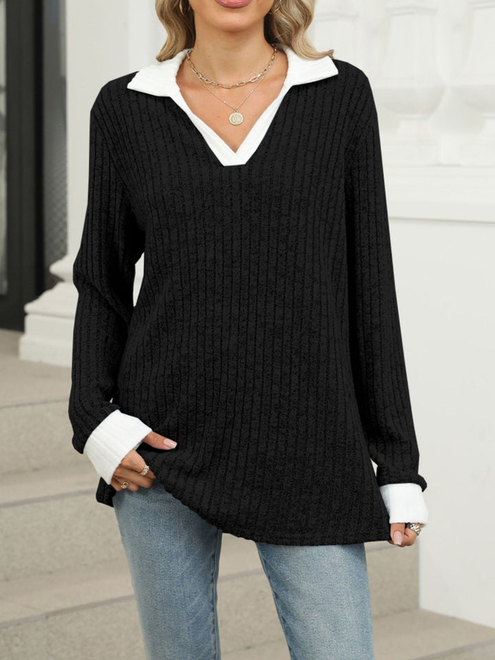 Ribbed knit long sleeve top with contrast collar and cuffs
