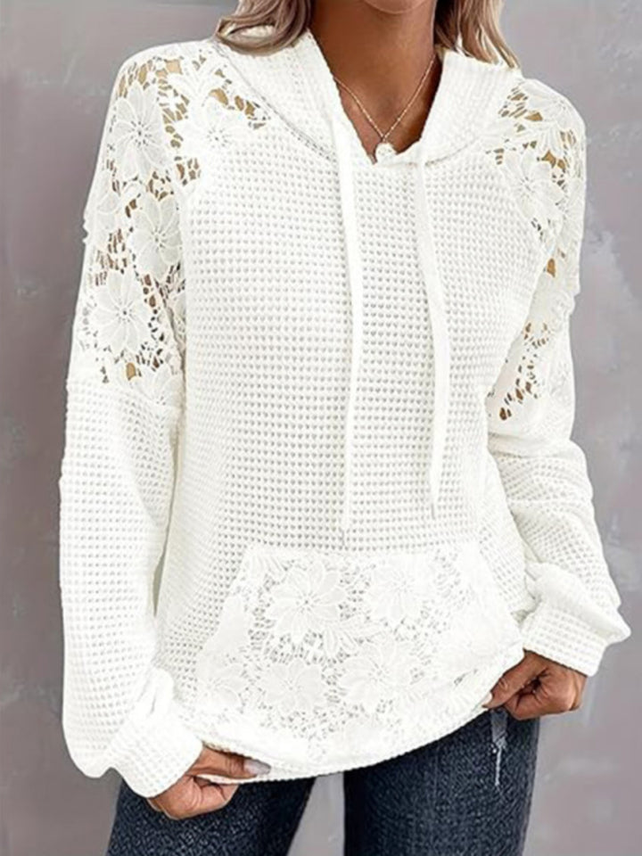 White Waffle knit hoodie with floral lace trim and cutout sleeves