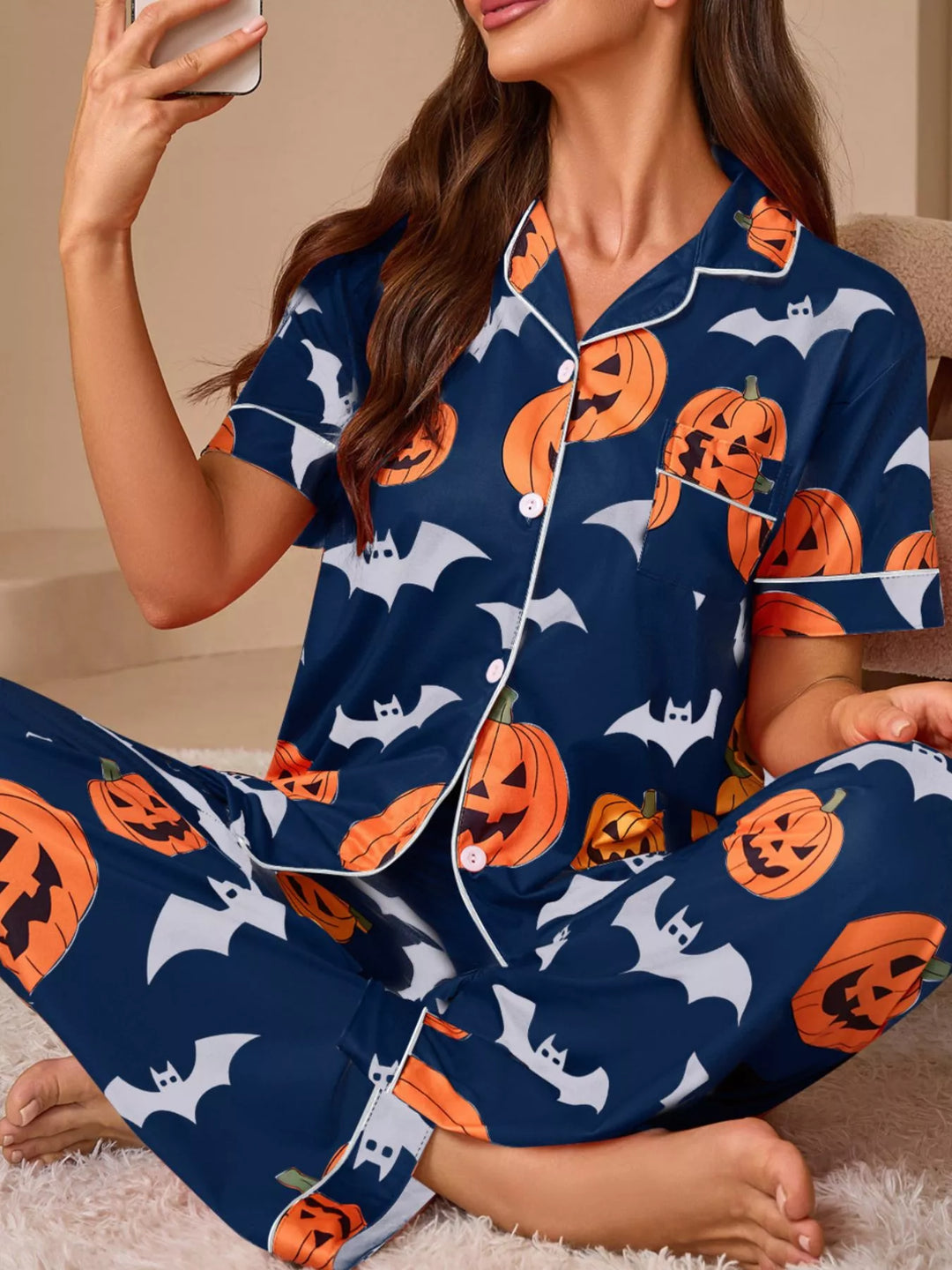 Navy Blue Pumpkin and bat print short sleeve pajama set with piped trim