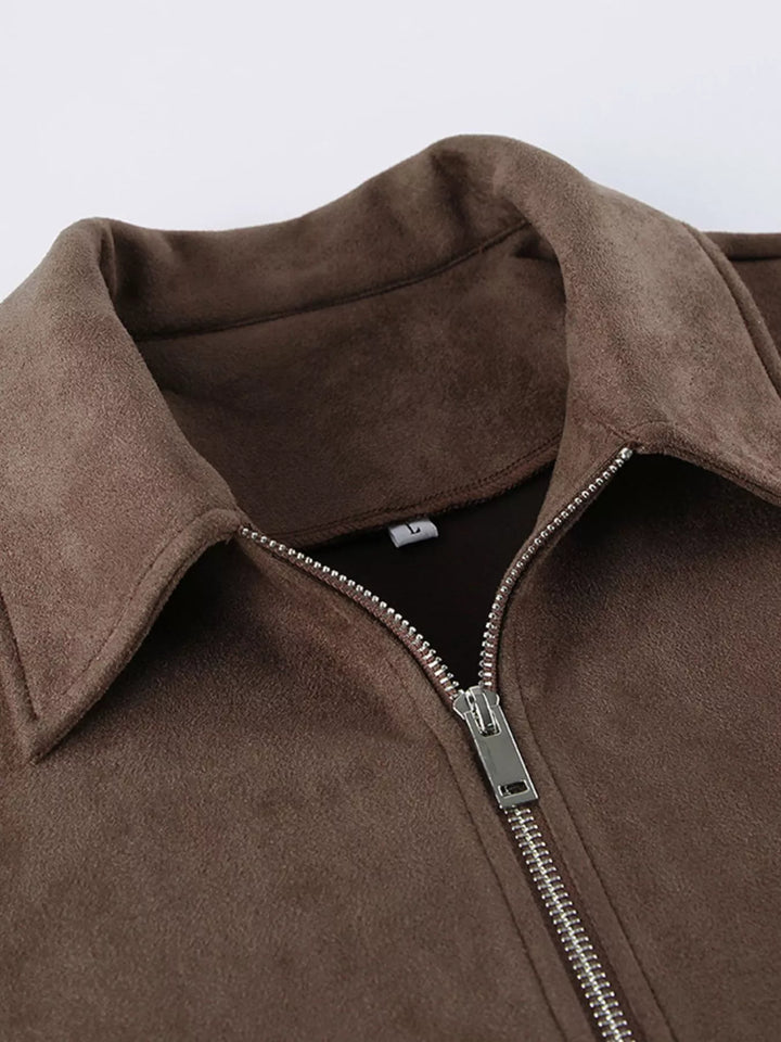 Cropped faux suede zip-up jacket with dropped shoulders