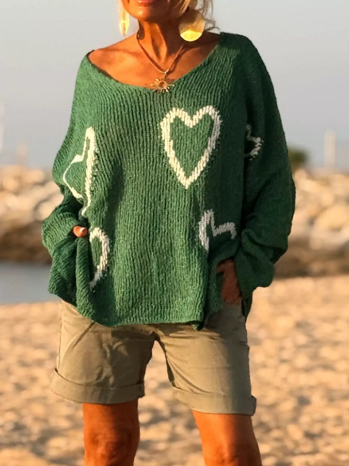 Heart motif V-neck dropped-shoulder knit sweater