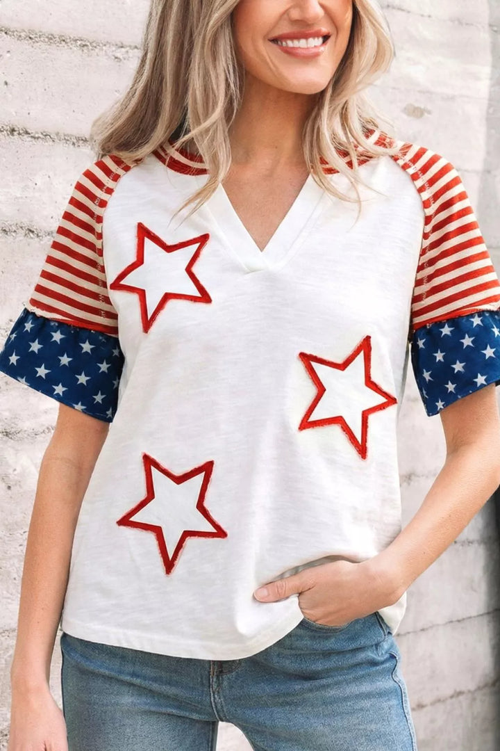 White Star patch flag-inspired V-neck top with ruffle sleeves