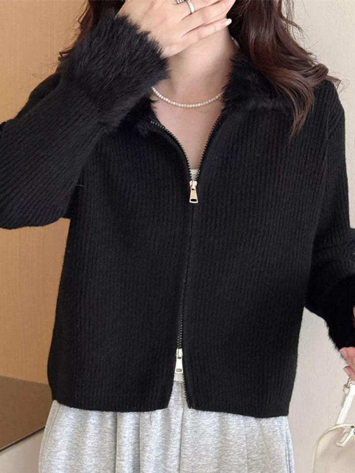 Ribbed knit zip-up cardigan with fluffy faux fur trim