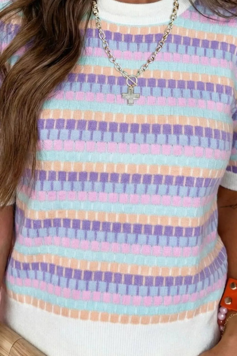 Multicolor abstract stripe ribbed knit short sleeve sweater