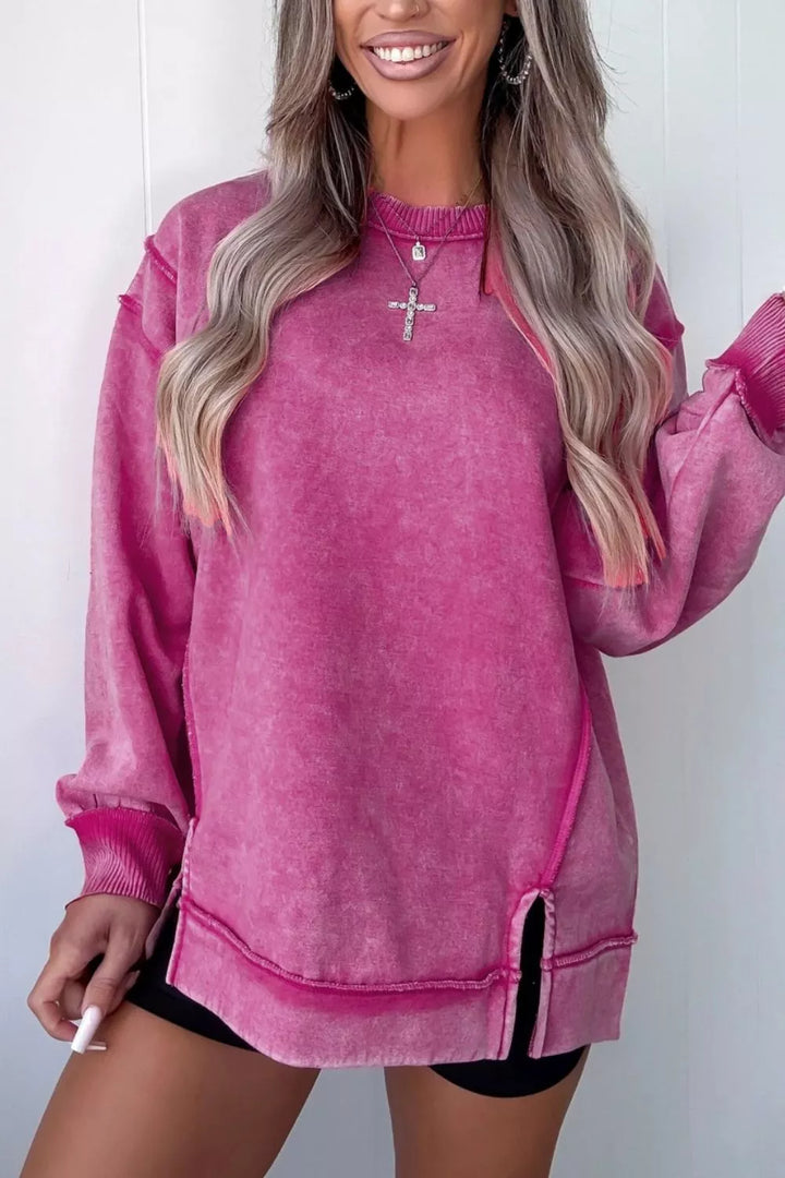 Mineral wash exposed seam side slit sweatshirt