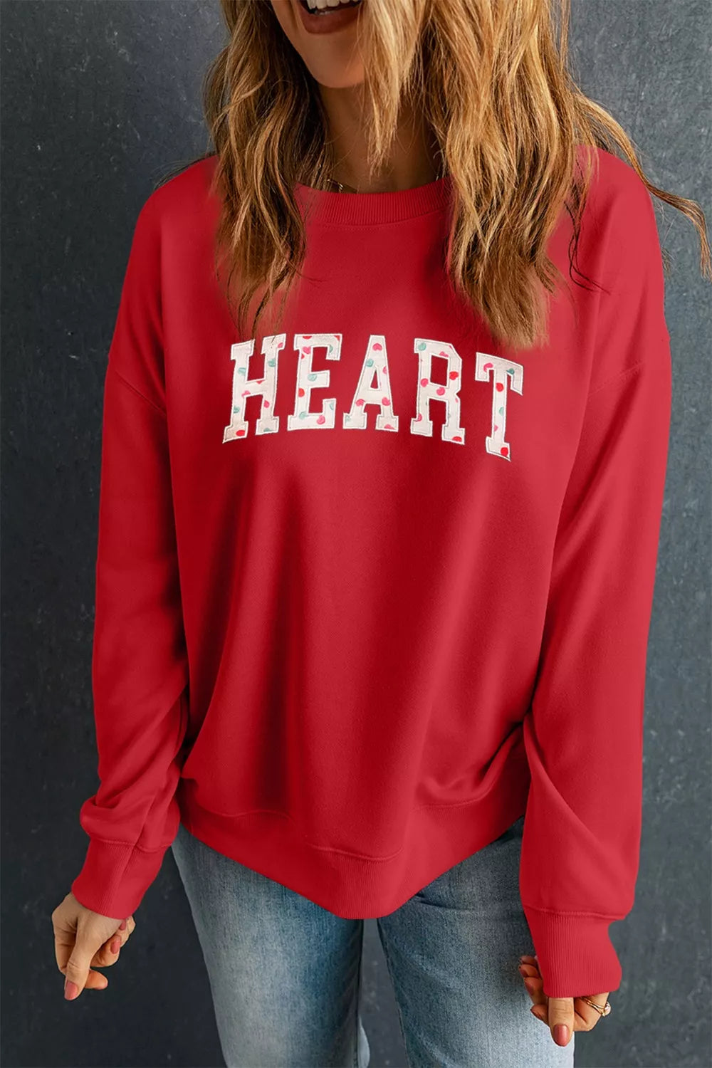Heart embroidered graphic crewneck sweatshirt