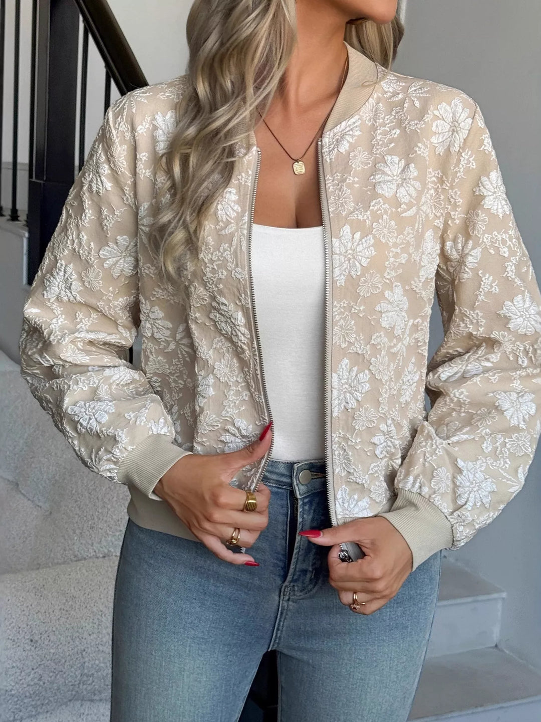 Textured floral zip-up bomber jacket with ribbed trim
