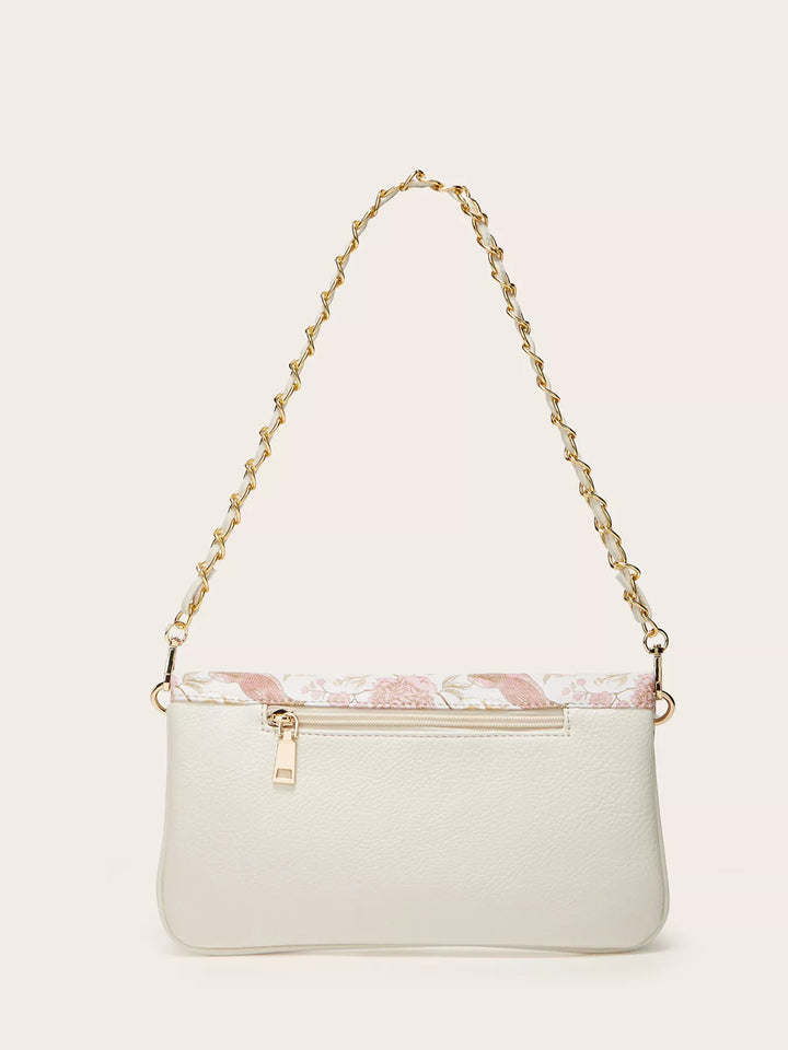 Floral bird print mini shoulder bag with woven chain strap